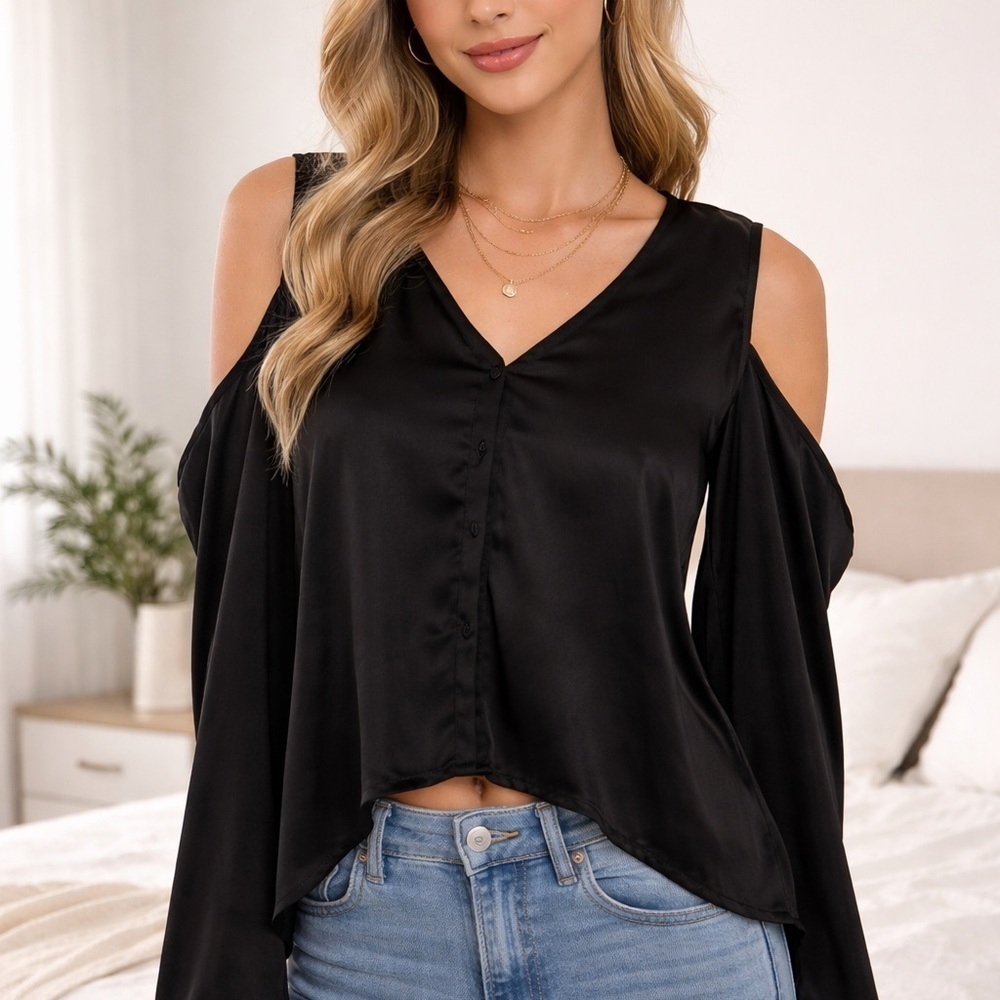 Black Satin Cold Shoulder Top XL Whimsigoth Coquette Romantic